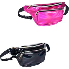 2 Pieces Holographic Fanny Pack for Women, Waterproof Rave Festival 80S 90S Waist Bag, Adjustable Belt Bag, Crossbody Bag(Hot Pink and Black)