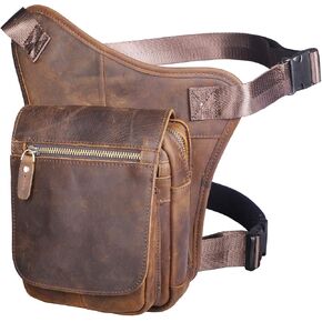Le'aokuu Mens Leather Messenger Shoulder Bag Motorcycle Tactic Fanny Belt Waist Bag Pack Pouch Drop Leg Bag