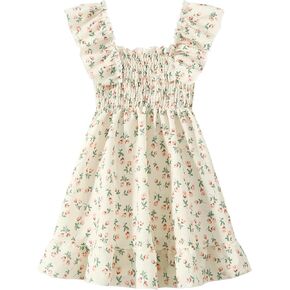 Girls Summer Dress Floral Ruffle Sleeve Swing Flowy Dresses A-line Sundress for Girls Casual Beach Wedding Dress