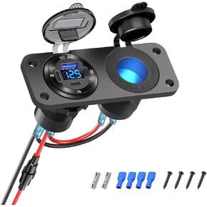 12V USB Outlet Marine Switch Slup ، Dual Pd3.0 و QC3.0 USB Muliti Port Car Charger Socket ، مقياس فولتميتر رقمي مع مفتاح ، 2 في 1 مقبس ولاعة السجائر لشاحنة القوارب البحرية RV