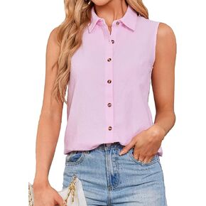 Womens Sleeveless Button Down Shirts Cotton Linen Blouses Solid Color V Neck Casual Work Tank Tops