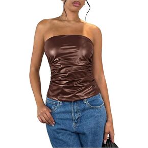 MakeMeChic Women's PU Leather Top Strapless Ruched Bandeau Sleeveless Party Tube Tops