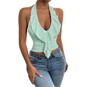 SOLY HUX Women's Ruffle Trim Halter Tops Ruched V Neck Sleeveless Going Out Crop Tops