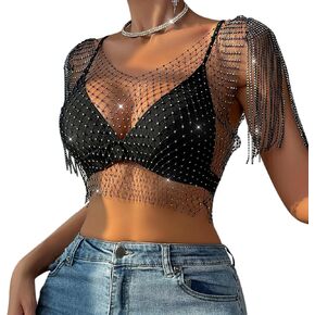 Rarityus Women Sparkle Rhinestone Mesh Crip Top Sexy Fringe Thrater T Shirt Hollow Out Crystal Tank Tops Party Clubwear