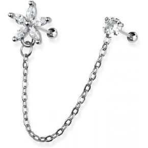 Pierced Owl 18GA 316L Stainless Steel Flower and Round CZ Crystal Connecting Chain Linked Cartilage Barbells