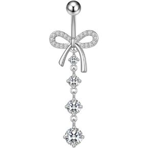 Bow Belly Button Ring Surgical Steel CZ Barbell Bowknot Belly Percing Dangle Jewelry Body Retainer 14G (1.6mm） 10mm