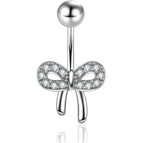 14G Rhinestone Bow Belly Button Rings for Women 316L Surgical Steel Bowknot Navel Piercing Barbell Ring Hypoallergenic Body Jewelry