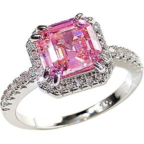925 Sterling Silver Plated Princess Cut Simulated Pink Topaz Halo Promise Ring for Women