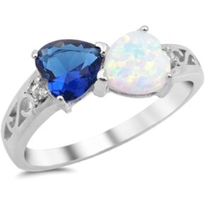 925 Sterling Silver Ring Lab White Opal Simulated Blue Sapphire Heart Shape Promise Ring