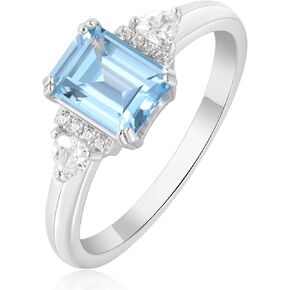 Emerald Cut 3 Stones Ring for Women with Natural Sky Blue Topaz in 925 Sterling Silver, Blue Birthstone 14k White Gold Plated Promise Engagement Ring for Her, Anniversary Birthday Jewelry Set