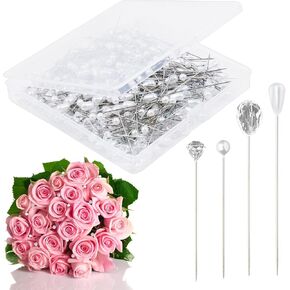 300 PCS Floral Pins for Bouquet 3 Styles Pearl Diamond Boutonniere Pins Craft Wedding Corsage Accessories with 1 Box for Dressmaking Sewing Jewelry Flower Decoration Pink in Kuwait
