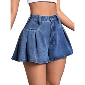 MakeMeChic Women's Pleated Denim Shorts Zip Fly Button Wide Leg Flared Jean Skort