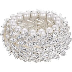 EleQueen Women's Austrian Crystal Simulated Pearls Cuff Bracelet Vintage Multi-Layer Elastic Bridal Bracelets