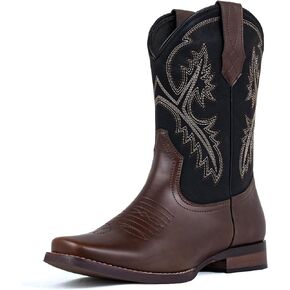 J's.o.l.e Men's Western Cowboy Boots Square Toe Boots for Men Mid Calf Country Boots Classic Embroidered with Pull On Tabs Brown