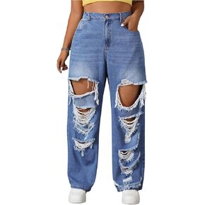 Floerns Women's Plus Size High Waist Distressed Jeans Straight Leg Casual Loose Denim Pants