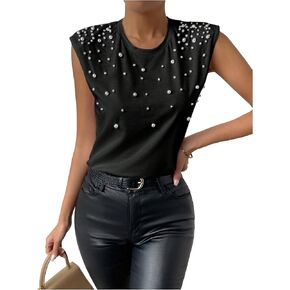 SOLY HUX Women's Pearl Cap Sleeve Crew Deck Tank Top Top Disy Disual Summer Tops