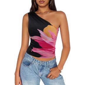 ZESICA Womens Going Out Tank Top Summer Floral Off Shoulder Slim Fit Y2K Crop Tops Beach Vacation Outfits
