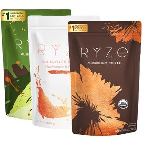 Ryze Superfoods حزمة الطاقة النهائية ، وزارة الزراعة الأمريكية العضوية الفطر القهوة والفطر Matcha + Probiotic Creamer مع 6 فطر تكييف لتحسين الطاقة ، التركيز ، الهضم ، المناعة ، 90 حصص