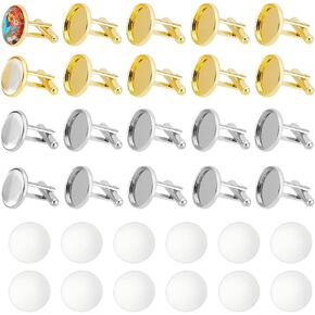 arricraft 24 Pcs 2 Colors Brass Cufflinks with Tray, Metal Blank Tray Border Round Buttons Set with Dome Clear Glass for DIY Crafts Picture Cufflinks Ingredient Kit