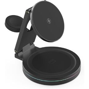 Foldable 360º Rotatable Aluminum Alloy 3-in-1 Magnetic Wireless Charger,3 in 1 Charging Station,Charging Stand,15W for iPhone 12-16,5W for Apple Watches, AirPods (Adapter Include) (White)