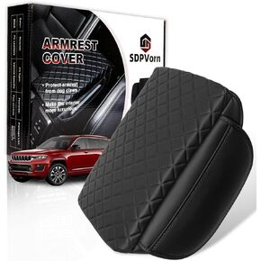 Center Console Cover for 2021-2024 Jeep Grand Cherokee L Armrest Lid Pad with Organizer Pockets, Black Faux Leather