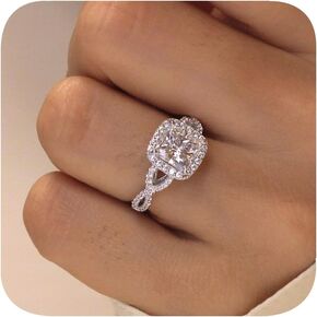 Princess Cut Cubic Zirconia Wedding Engagement Ring 925 Silver Plated Personalize Vintage Solitaire Crown Halo AAA CZ Side Baguette Infinity Ring for Women Jewelry Gift 7#