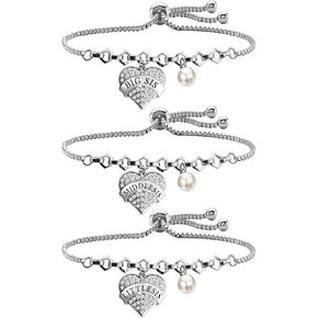 WSNANG Sister Jewelry Big Sis Middle Sis Little Sis Heart Pendant Bracelet/Lariat Y Necklace Set for Sister Best Friend