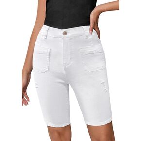 Summer Jean Shorts for Women Elastic High Waisted Ripped Casual Bermuda Shorts Mom Short
