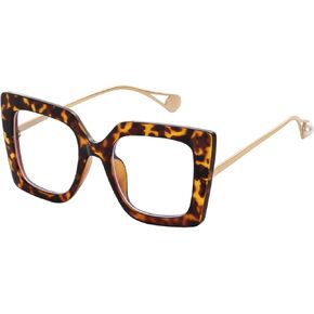 Oversized Square Blue Light Blocking Glasses for Women Thick Fashion Pearl Inlay Arm Eyewear Computer Eyeglasses
