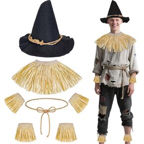 7PCS Scarecrow Costume Accessories, Wizard Scarecrow Costume with Hat for Adult Women Men for Holloween Cosplay Dress Up