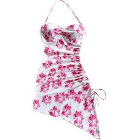 Milumia Girl's Floral Print Boho Halter Drawstring Asymmetrical Hem Slit Mini Dresses