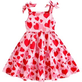Wdirara Toddler Girl's Heart Print Tie Tie Tier Counter Tier Shulled Swingless Swing A Dresses Line