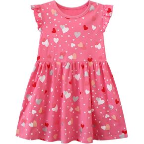 Toddler Girls Summer Dress Casual Cotton Short Sleeve Cartoon Print Striped Dress Basic Applique Playwear Dress 2-7T