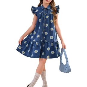 Floerns Girl's Floral Ruffle Cap Sleeve Denim Short Dress Button Front Boho Smocked Dresses