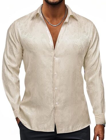 Hi-Tie Mens Dress Shirts Wrinkle Free Inner Contrast Jacquard Long Sleeve Casual Button Down Shirt Business Party Wedding in Saudi Arabia
