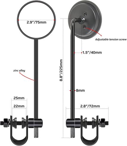 Universal Motorcycle Mirrors Mini Round Bike Mirror for Handlebar Clamp Diameter 22.2mm / 25.4mm Available Mount, Compatible with Harley SR400 Bike Bicycle E-bike Scooter (Black） in Saudi Arabia