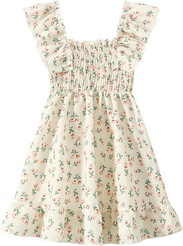 Girls Summer Dress Floral Ruffle Sleeve Swing Flowy Dresses A-line Sundress for Girls Casual Beach Wedding Dress in Kuwait