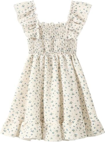 Girls Summer Dress Floral Ruffle Sleeve Swing Flowy Dresses A-line Sundress for Girls Casual Beach Wedding Dress in Kuwait
