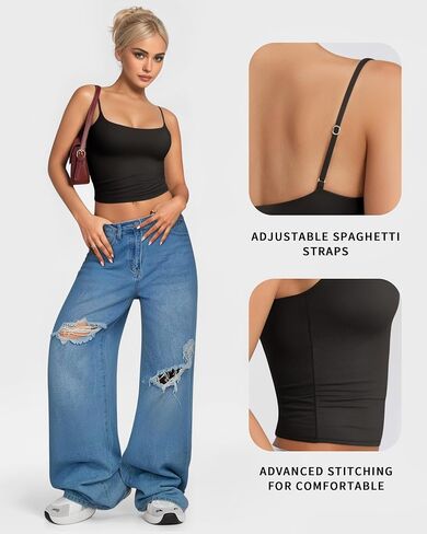 Mangopop Womens Camisole Tank Tops Square Neck Spaghetti Strap Cami Doublely Clipeless Conclessed Top Sexy Stirts in Kuwait