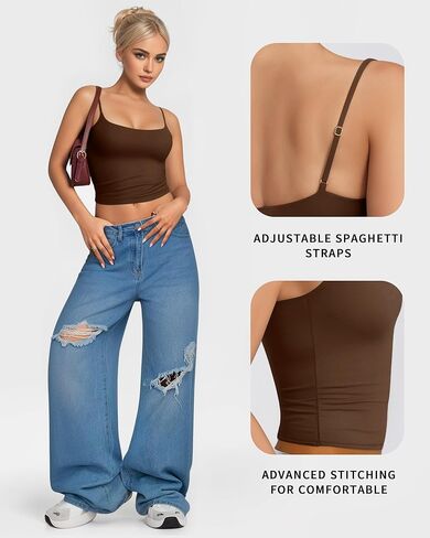MANGOPOP Womens Camisole Tank Tops Square Neck Spaghetti Strap Cami Double Lined Sleeveless Crop Top Sexy Shirts in Saudi Arabia