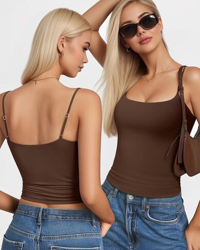 MANGOPOP Womens Camisole Tank Tops Square Neck Spaghetti Strap Cami Double Lined Sleeveless Crop Top Sexy Shirts in Saudi Arabia
