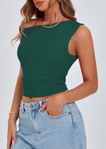 Prettygarden Women's Off the Counter Crop Tank Tops 2025 Summer Trendy Disualess Ruched Forted Out Out Therts in Saudi Arabia