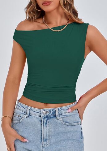 Prettygarden Women's Off the Counter Crop Tank Tops 2025 Summer Trendy Disualess Ruched Forted Out Out Therts in Saudi Arabia