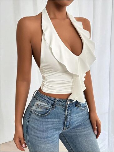 SOLY HUX Women's Ruffle Trim Halter Tops Ruched V Neck Sleeveless Going Out Crop Tops in Saudi Arabia