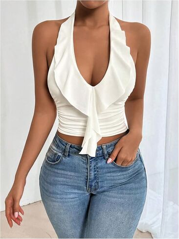 SOLY HUX Women's Ruffle Trim Halter Tops Ruched V Neck Sleeveless Going Out Crop Tops in Saudi Arabia