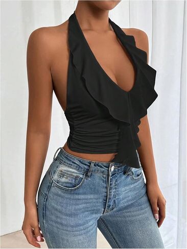 SOLY HUX Women's Ruffle Trim Halter Tops Ruched V Neck Sleeveless Going Out Crop Tops in Saudi Arabia