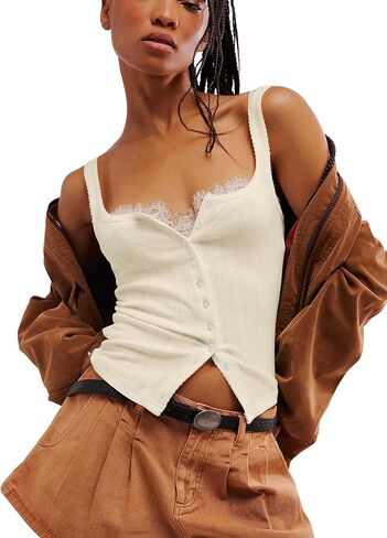 Neweek Women's Sleeveless Vest Button Front Tank Tops Ribbed Knit Square Neck Picot Trim Slim Fitted Y2K Shirts 2025 in Kuwait