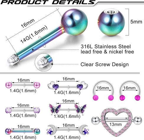 طائرة هليكوبتر 9pairs حلقات الحلمة للنساء 14G الصلب الجراحي حلقات لسان الحديد تشيكزيلا in Kuwait