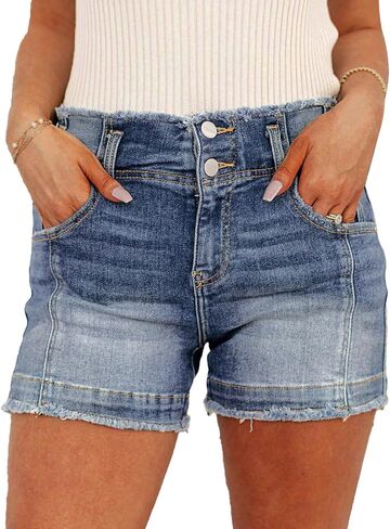 Flamingals Women's Denim Shorts Raw Hem Button Down Mid Rise Straight Leg Jean Shorts in Kuwait