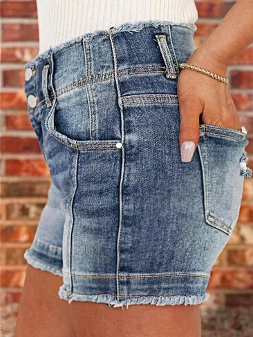 Flamingals Women's Denim Shorts Raw Hem Button Down Mid Rise Straight Leg Jean Shorts in Kuwait
